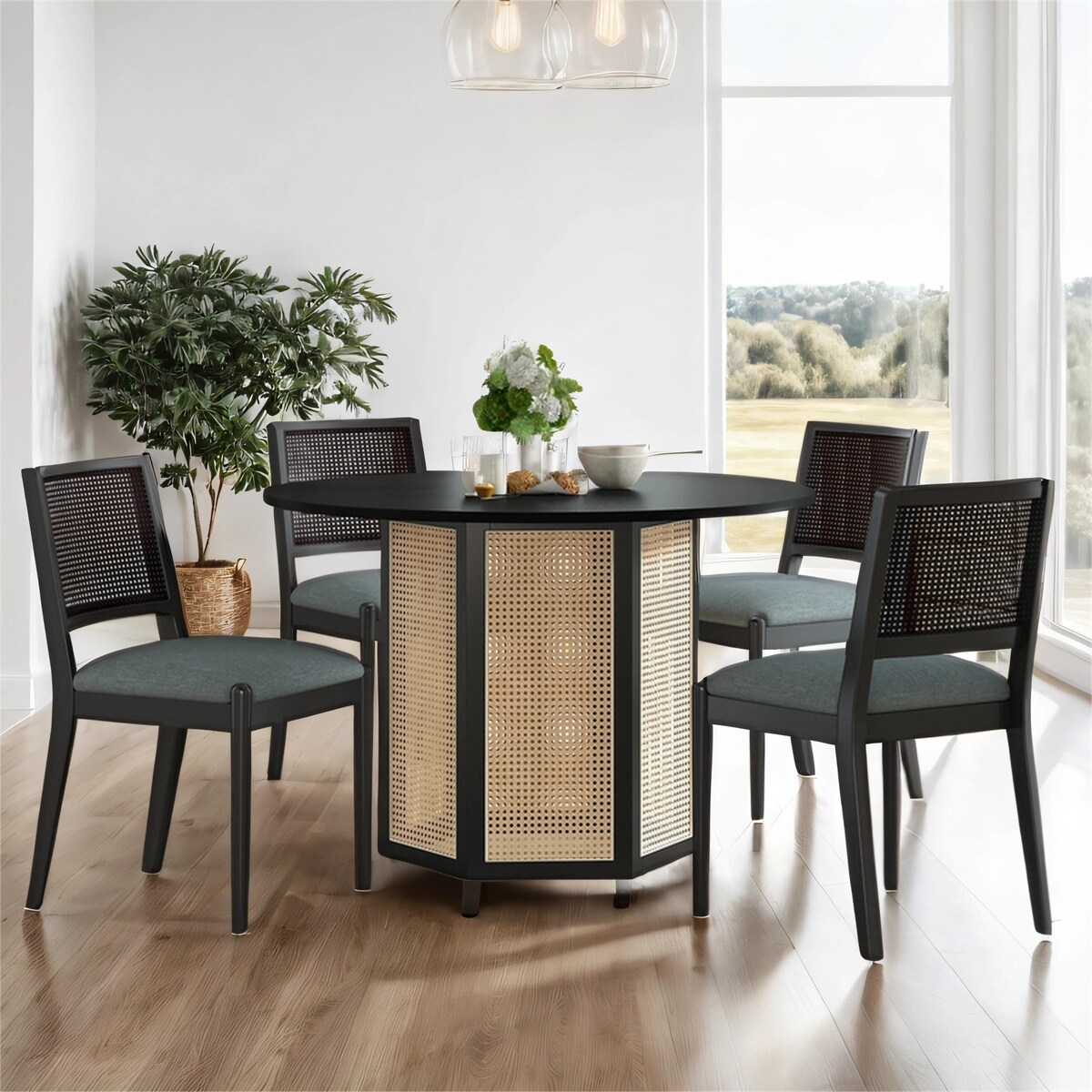 Cozy Corner Shop -Cozy Corner Shop 5 Piece Dining Table Set with Hexagonal Wood Table Upholstered Chairs